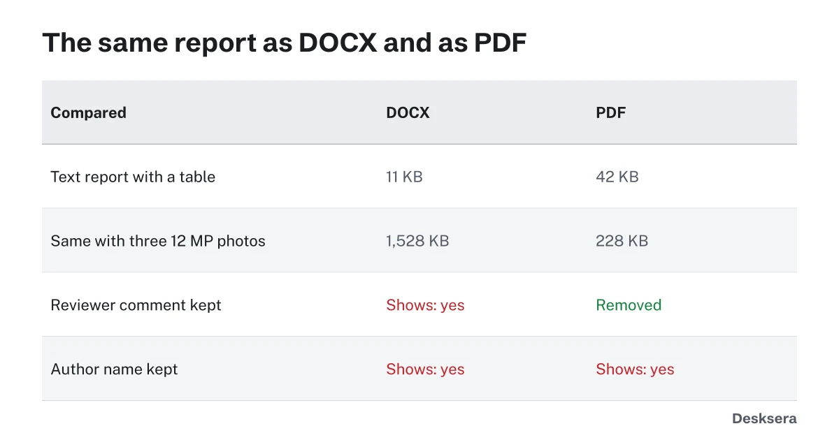 PDF vs DOCX test: file size, comments and author name kept by each format