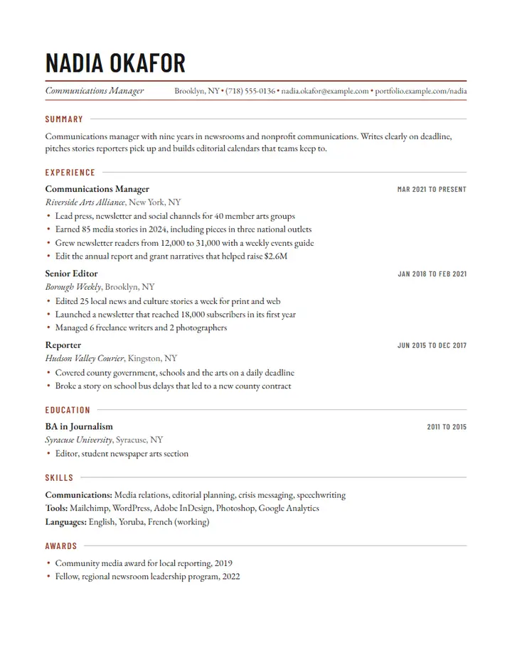 Folio resume template: an editorial resume with a tall condensed capital-letter name over a line holding the job title and contact details