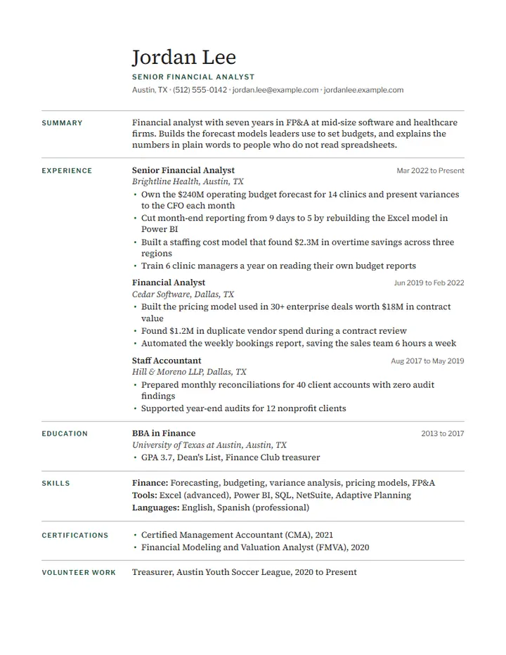 Ledger resume template: section labels in a left margin column beside serif text, thin gray rules between sections